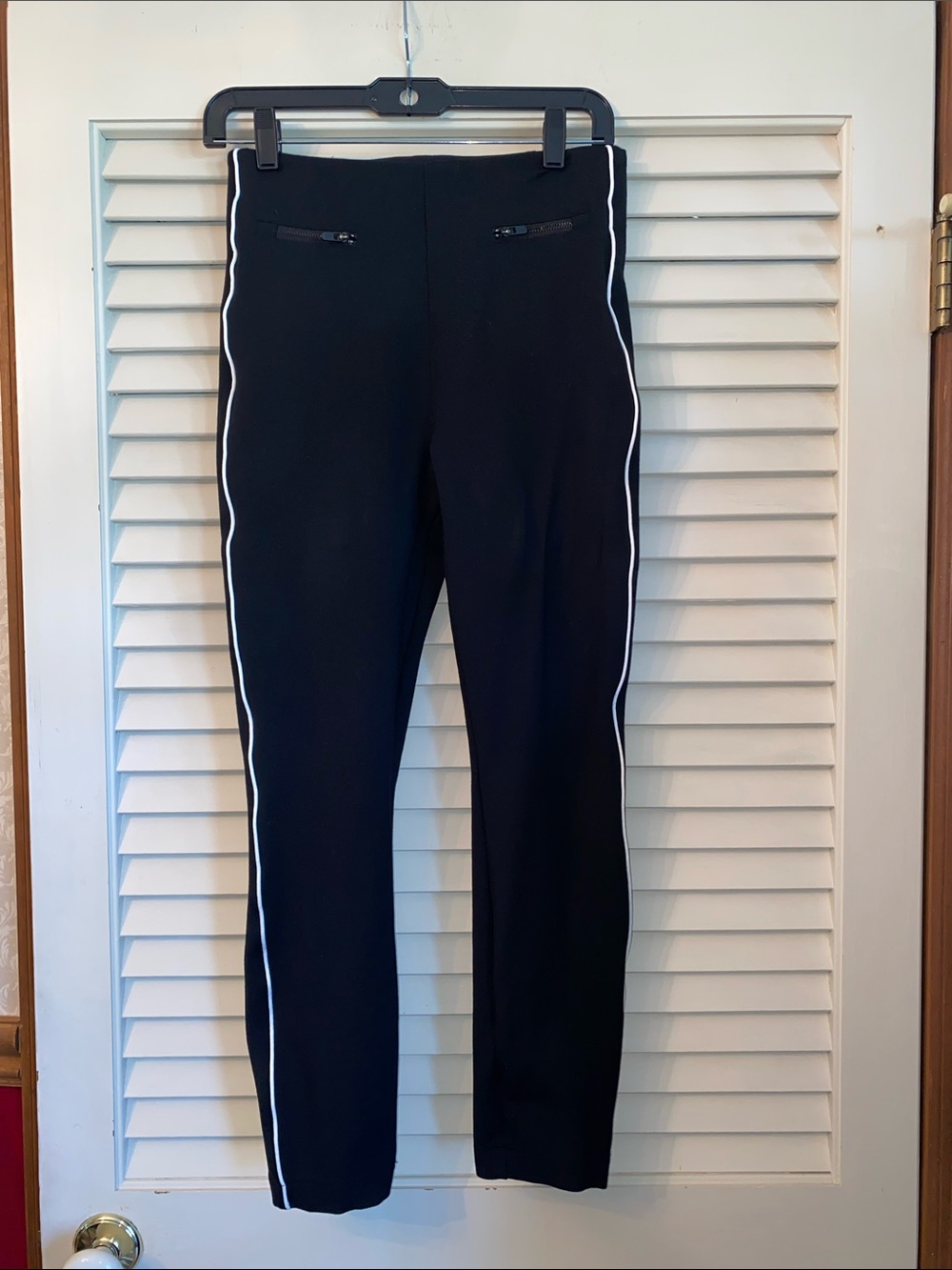 Spanx Slim Black Ponte Pants with white piping accent S